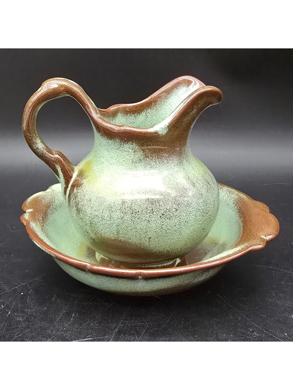 Vintage Frankoma Pottery Prairie Green Pitcher & Bowl Set 40A 40B Mid Century
